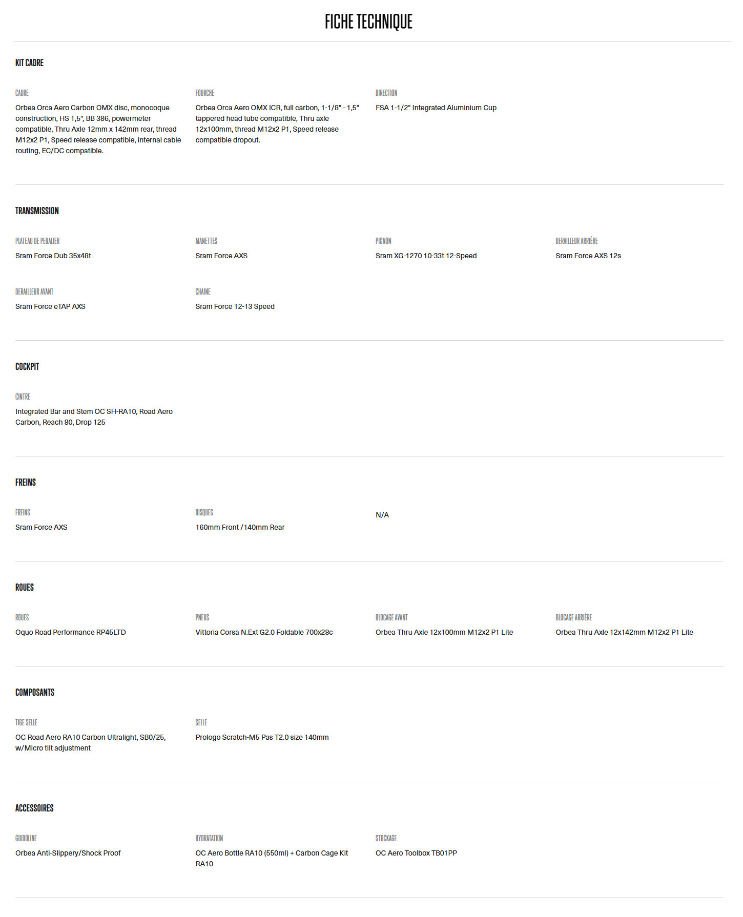Caractéristique technique du vélo Orca AERO M21eLTD année 2025